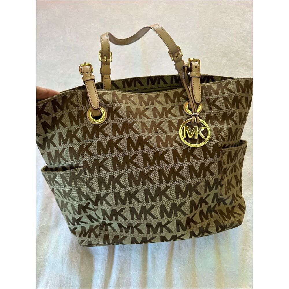 Michael Kors Tan and Brown MK Logo Tote with Gold Hardware